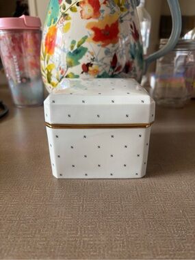 Porcelain Jewelry Trinket Box with Gold Trim — White Polka Accent